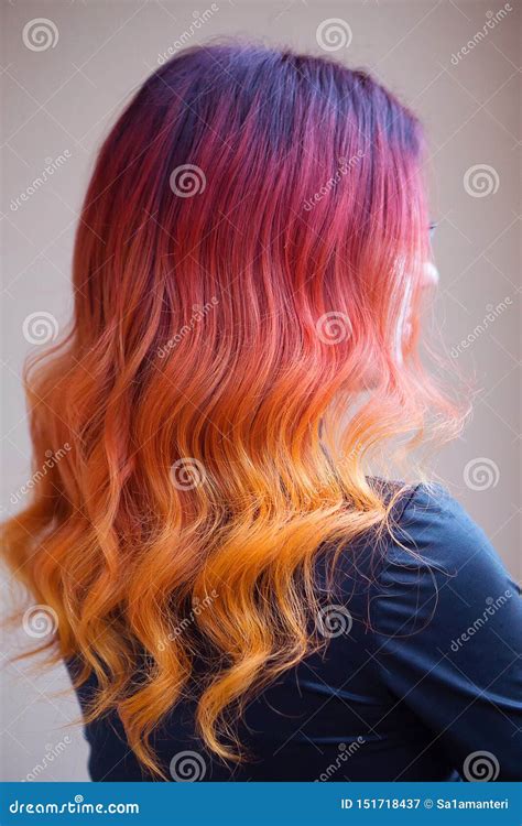 Woman with Bright Color Gradient Dyed Long Curly Hair Stock Image - Image of luxury, ombre ...