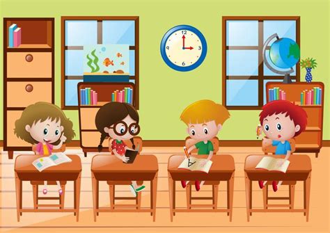 Four students learning at school 414067 Vector Art at Vecteezy