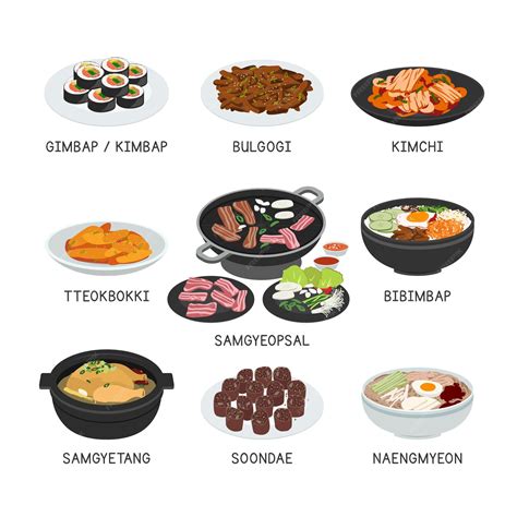 한국 음식 벡터 세트입니다. 한국 클립 아트 만화에서 유명한 요리 세트. 아시아 음식. 한식 | 프리미엄 벡터