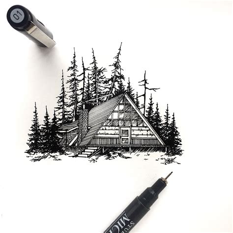 (@rosies.sketchbook) A close up of a cabin illustration using black micron pens. #penandink # ...