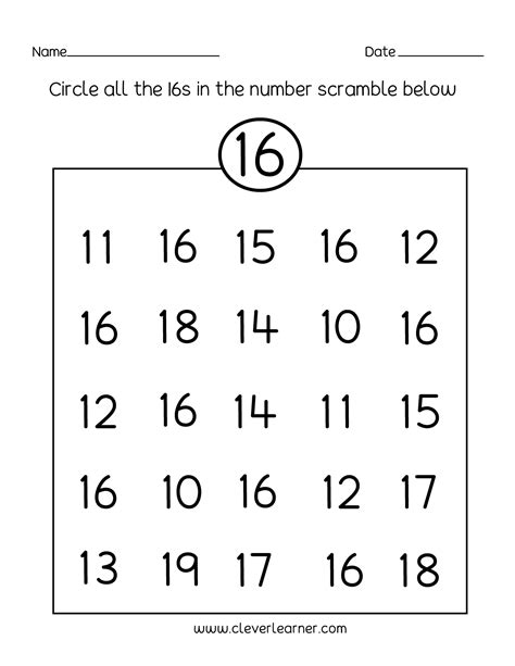 Number 16 writing, counting and identification printable worksheets for children