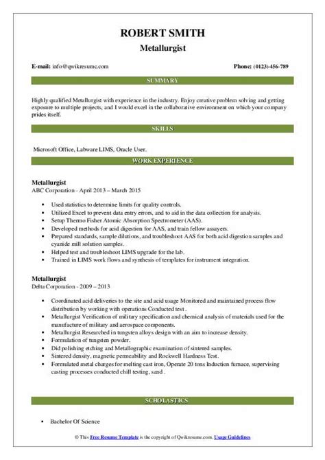 Metallurgist Resume Samples | QwikResume