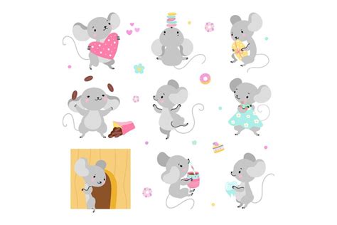 Funny cartoon mouse playing and sleeping. Mice adorable char