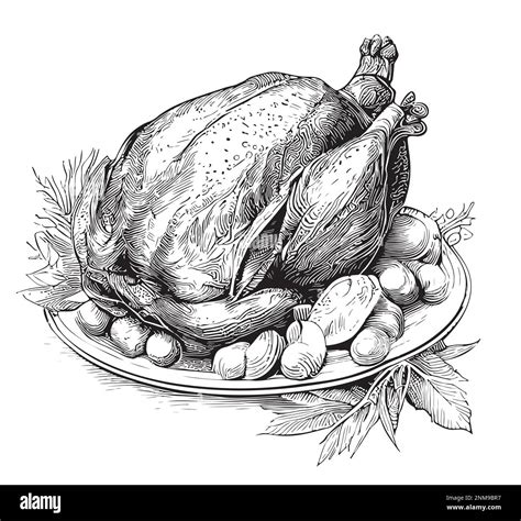 Roasted turkey on a plate with vegetables hand drawn sketch illustration Stock Vector Image ...