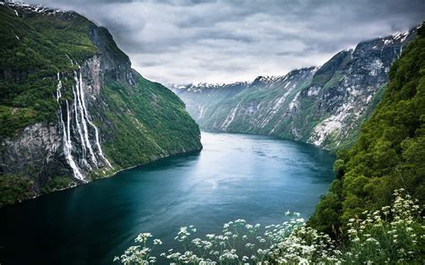 Geiranger, Norway, Fjord, Waterfall, Cliff, Clouds, Wildflowers, Foliage, Sea, Nature, Landscape ...