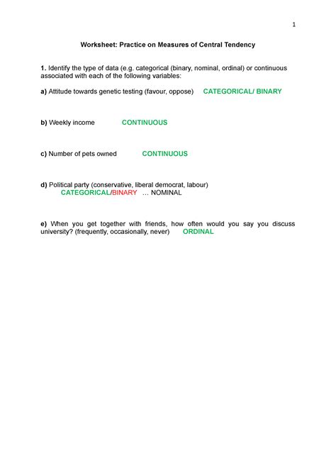 Central tendency worksheet - Worksheet: Practice on Measures of Central Tendency 1. Identify the ...