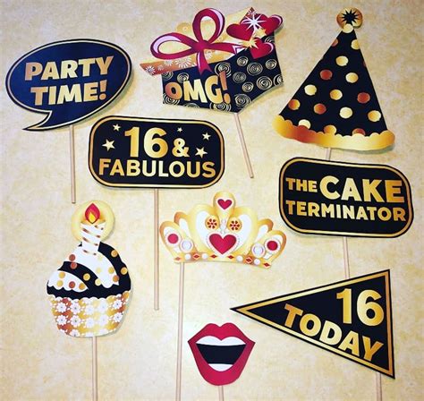 Sweet Sixteen Photo Booth Props, Sweet 16 Photo Booth Props, Sweet Sixteen Black and Gold Photo ...