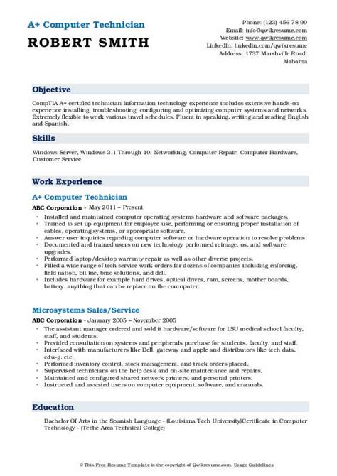 Computer Technician Resume Samples | QwikResume