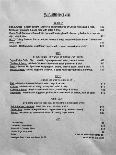 Menu at Star Tavern restaurant, Cape Foulwind