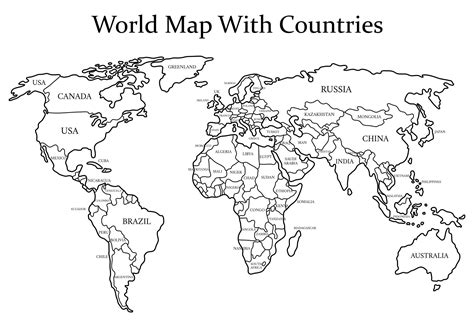 Black and White World Map with Countries | World map printable, World map coloring page, World ...