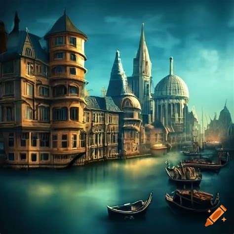 Steampunk fantasy city with canals and domed buildings