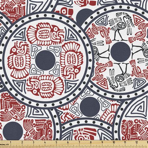 Native Fabric by the Yard, Indigenous Mayan Pattern with Animals and National Motifs in Circles ...