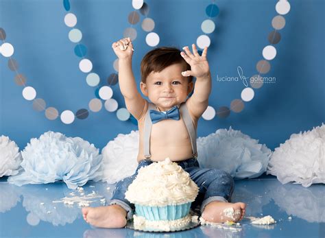 Cake Smash Photo Backdrop - Boy's 1st Birthday Photography Props - Gray and Blue Paper Garlands ...