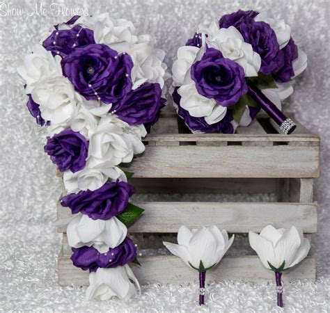 Beautiful new handmade 4pc Royal purple and white rose wedding bouquet set with pearl spray ...