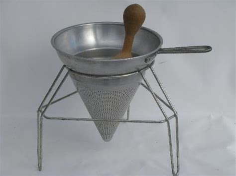 vintage Wear Ever food mill, tripod stand strainer sieve cone/wood masher