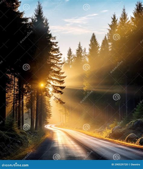 Sunrise or Sunset Over a Road in the Forest Stock Illustration ...