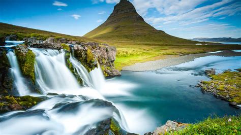 Landscape View Of Green Covered Mountains Peak Waterfalls Pouring On ...