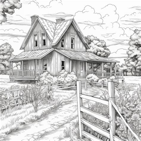 Premium AI Image | A drawing of a house in a field with a fence generative ai