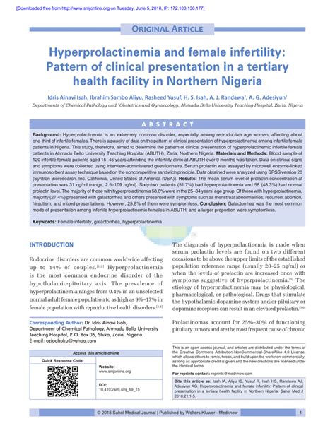 (PDF) Hyperprolactinemia and female infertility: Pattern of clinical ...