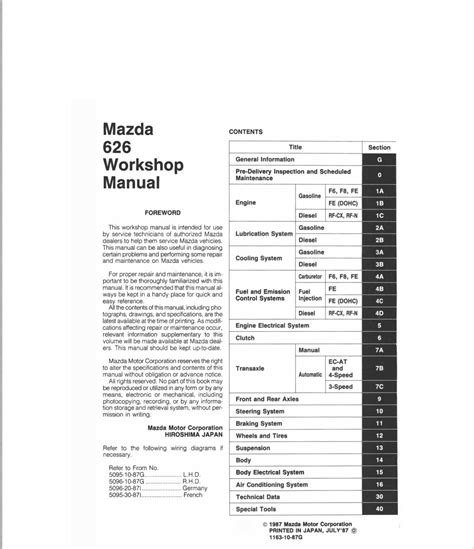 Mazda 626 1987 Workshop Manual – PDF Download