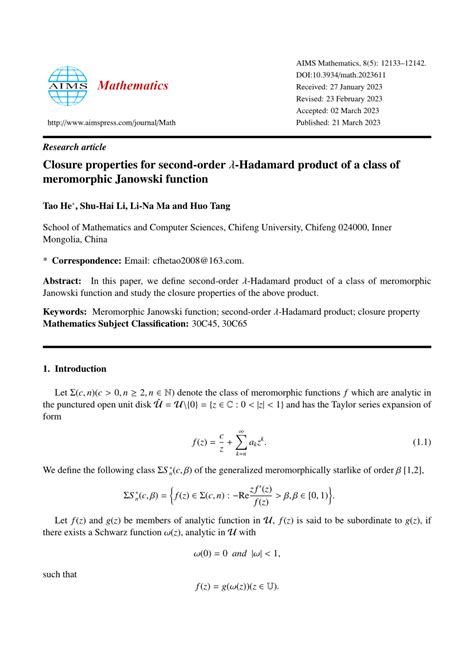 (PDF) Closure properties for second-order $ \lambda $-Hadamard product of a class of meromorphic ...