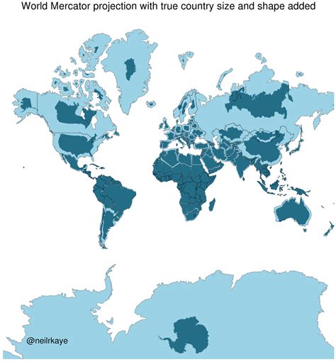 World Mercator map projection with true country size and shape added [OC] : dataisbeautiful ...