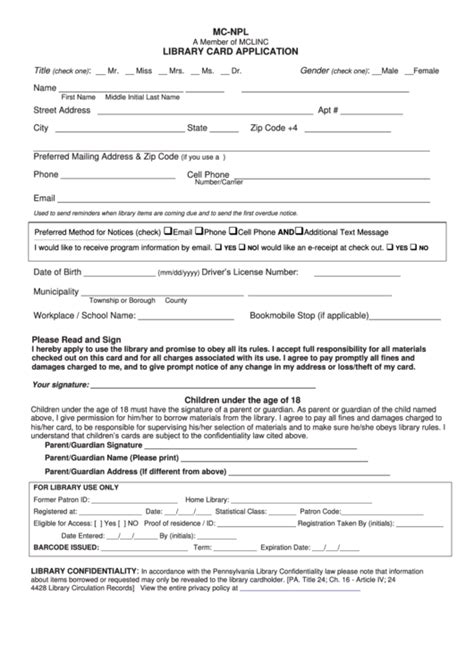 Library Card Application Form printable pdf download