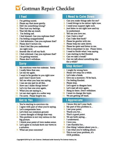 Gottman Repair Checklist for repairing relationships Marriage Therapy, Relationship Therapy ...