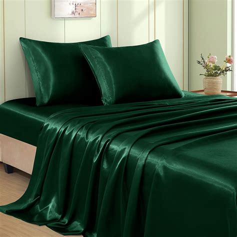 VACVELT 4pcs Emerald Green Satin Sheets King Size Bed Set, 15 Inch Deep Pocket Silky Satin Sheet ...