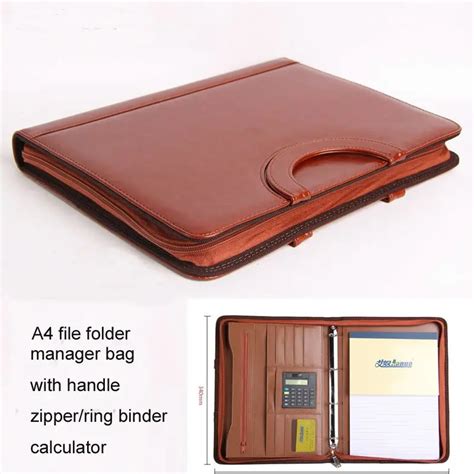 zipper A4 leather file folder expanding document bag briefcase padfolio ...