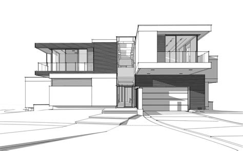 3d rendering sketch of modern cozy house by the river with garage for sale or rent. Black lin ...