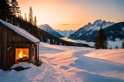 Premium Photo | A cabin in the snow with a view of the mountains in the ...