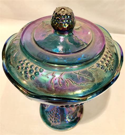 Antique Iridescent Blue Carnival Glass Grapevine Pattern Pedestal Candy Dish with Lid