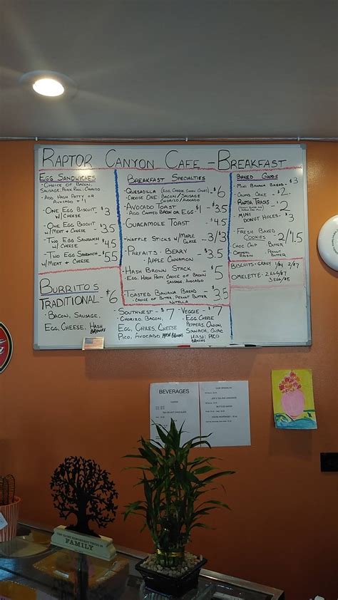 Menu at Raptor Canyon Cafe, Tucson