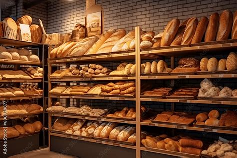 Breads on supermarket shelves, Different types of bread loaves, bread rolls, baguettes, bagels ...