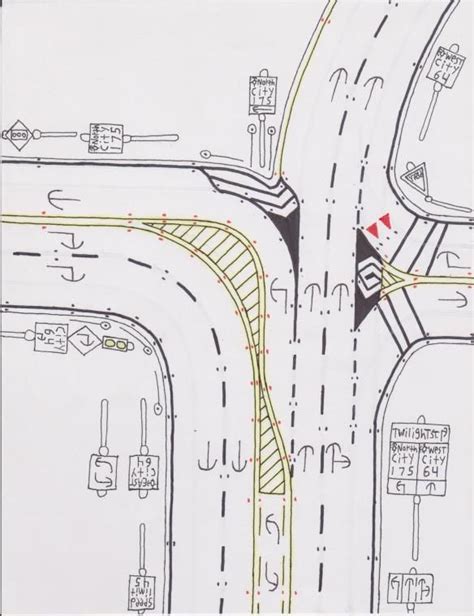 4-lane road at a intersection and beginning of one way street. Driving ...