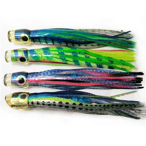 4 pcs Pusher Style Tuna Trolling Lures with Mesh Bag Resin Head Trolling Skirts Lure Big Game ...