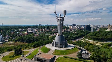 Premium Photo | Aerial top view of kiev motherland statue monument on ...