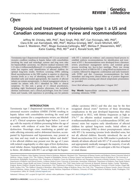 (PDF) Diagnosis and treatment of tyrosinemia type I: a US and Canadian ...