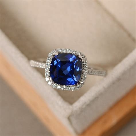 Sapphire ring cushion cut engagement ring silver blue