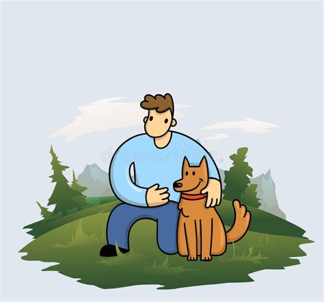 Cartoon Man Training His Funny Dog on Forest and Mountains Background ...