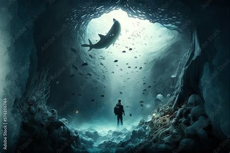 Deep sea, anxious dark fantasy concept illustration. Man standing in ...