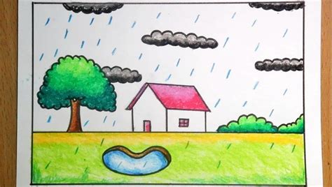 Rainy season drawing | Rain drawing | Rainy scenery drawing | Easy scenery drawing, Drawings ...