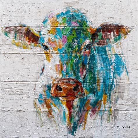 "Colorful Cow Hand Painted" Canvas Artwork, 40"x40" - Farmhouse ...