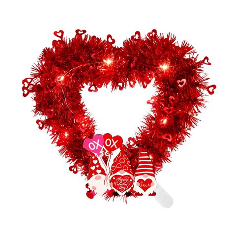 Pre-Lit Valentine's Day Heart Shaped Wreath,Lighted Tinsel Red Heart ...