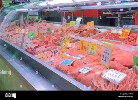 Meat display at a butcher Queen Victoria market in Melbourne Australia ...