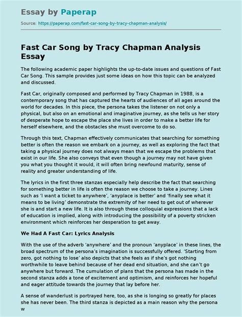 Fast Car Song by Tracy Chapman Analysis Free Essay Example