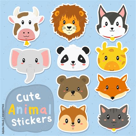 cute and funny animals stickers vector set. printable cute animals stickers template cartoon ...