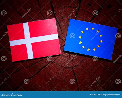 Danish Flag with EU Flag on a Tree Stump Isolated Stock Photo - Image of culture, concept: 97951450