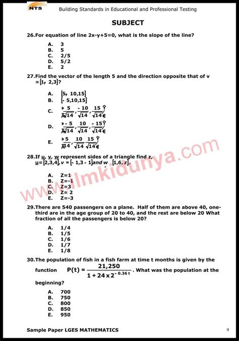 NTS Sample Past Papers Teacher Mathematics Subject